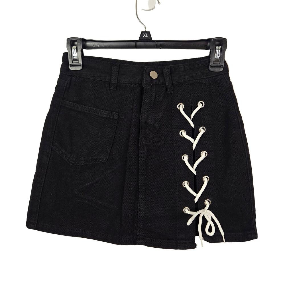 Denim Mini Skirt White Lace-Up Detail Black Women's Size M MOTO GOTH NEW